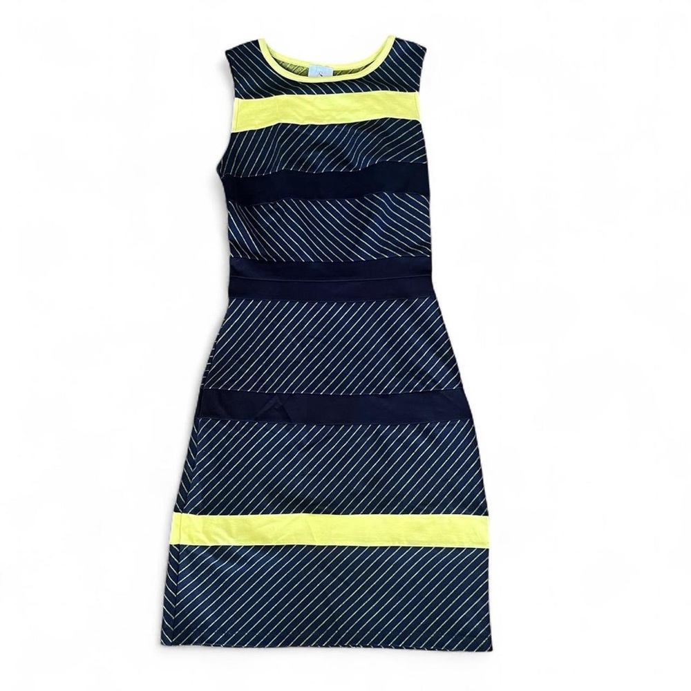Designer Snider navy/black and yellow striped mini dress with cutout on back